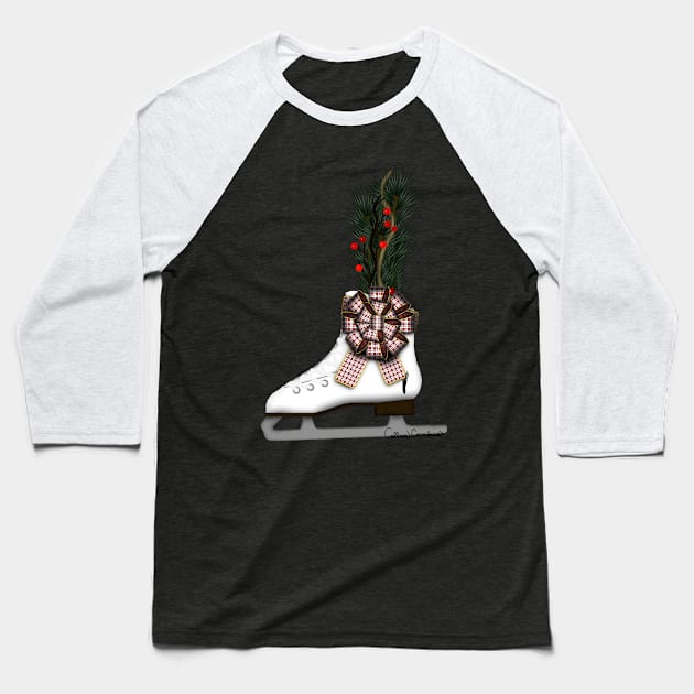 Ice Skate Christmas Decoration with Tartan Bow Baseball T-Shirt by ButterflyInTheAttic